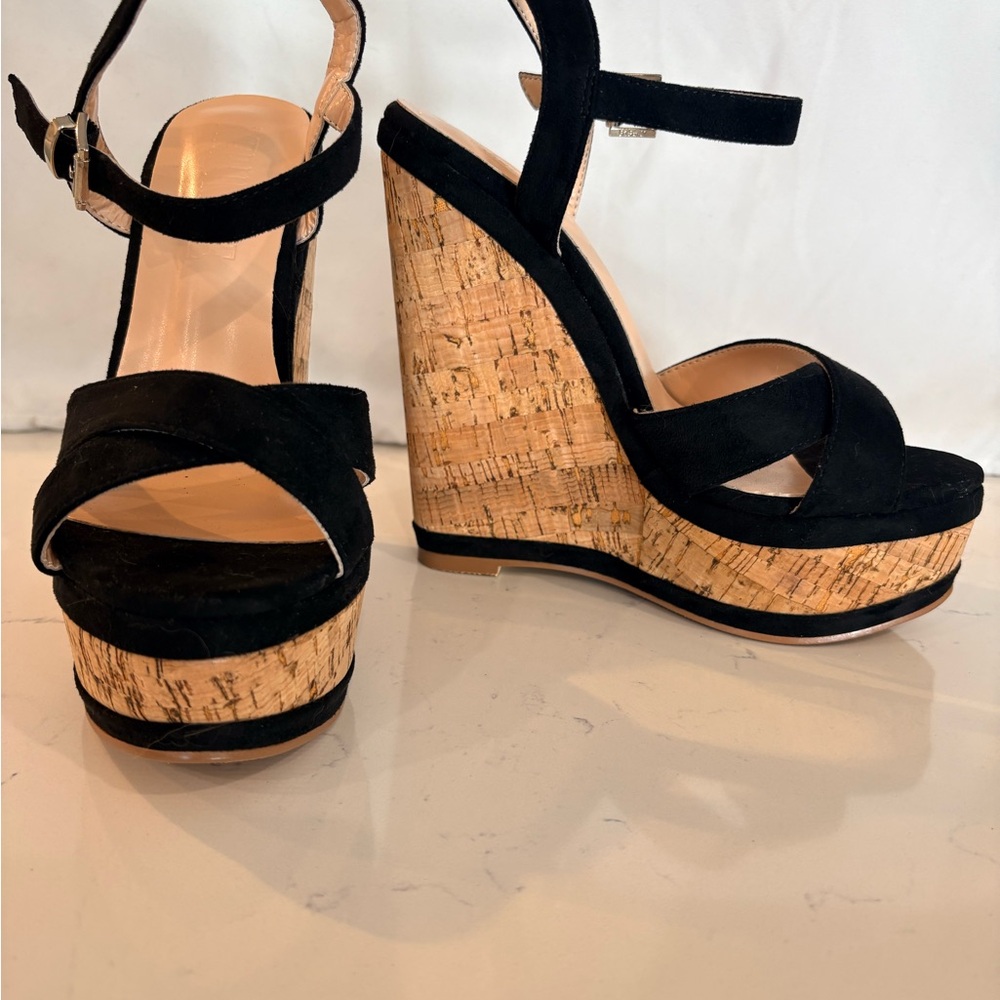 Merumote Black Suede Cork Platform Wedge Sandals - Size 8